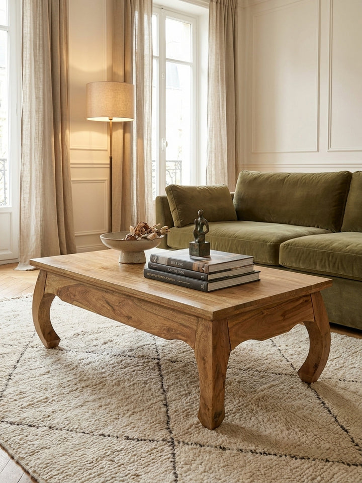 Couchtisch Akazie Massivholz natur Nahaufnahme honigfarbene Akazie-Maserung mit natürlicher Farbvariation und sichtbarer Holzstruktur mit Ablagefach Qualität Möbel Wohnzimmer Wohnen_
