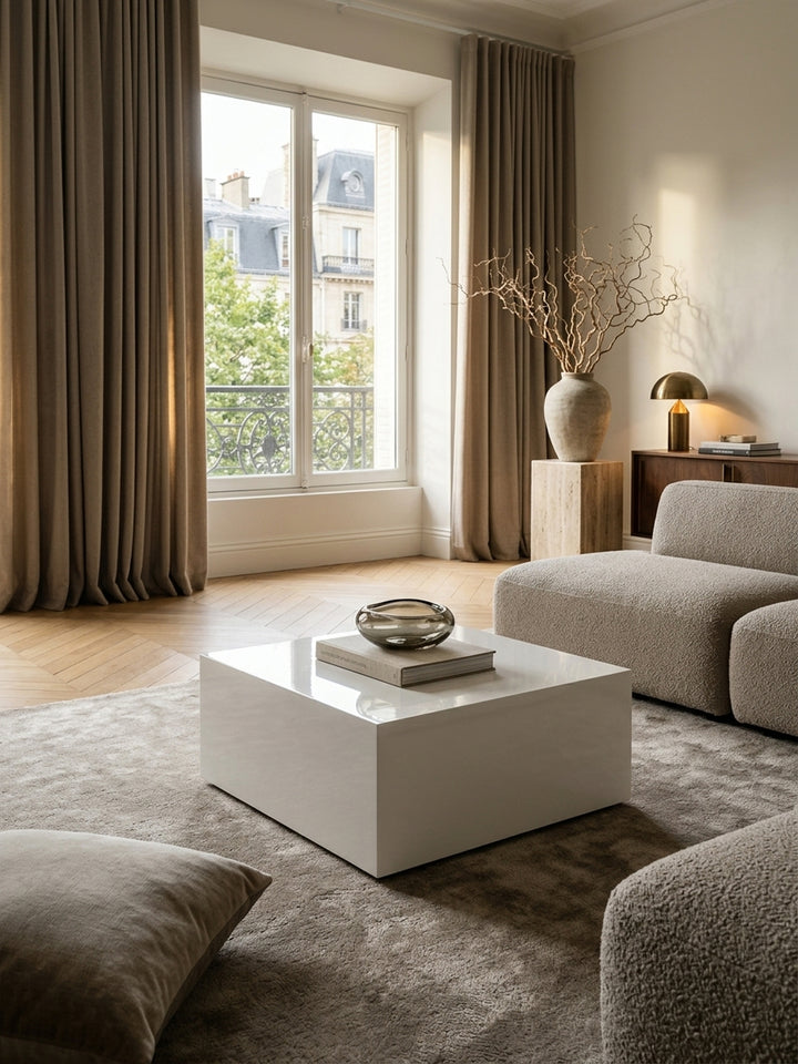 Couchtisch aus hochwertig in modernem Wohnzimmer mit Teppich und stimmungsvoller Beleuchtung 60x60x30 cm_