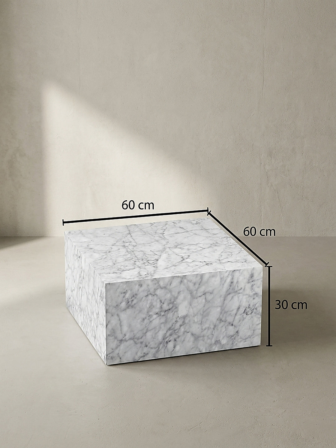 Technische Maßzeichnung des würfelförmigen Couchtisches mit präzisen Maßangaben von 60 cm Breite, 60 cm Tiefe und 30 cm Höhe zur optimalen Raumplanung für eine moderne, großzügige_