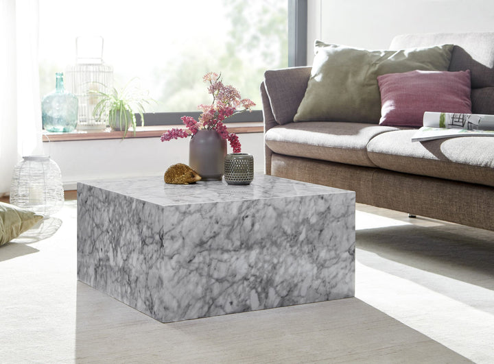 Couchtisch MONOBLOC 60x30x60 cm Hochglanz mit Marmor Optik Weiß - Design Wohnzimmertisch Cube Quadratisch - Lounge Beistelltisch Würfel Form_