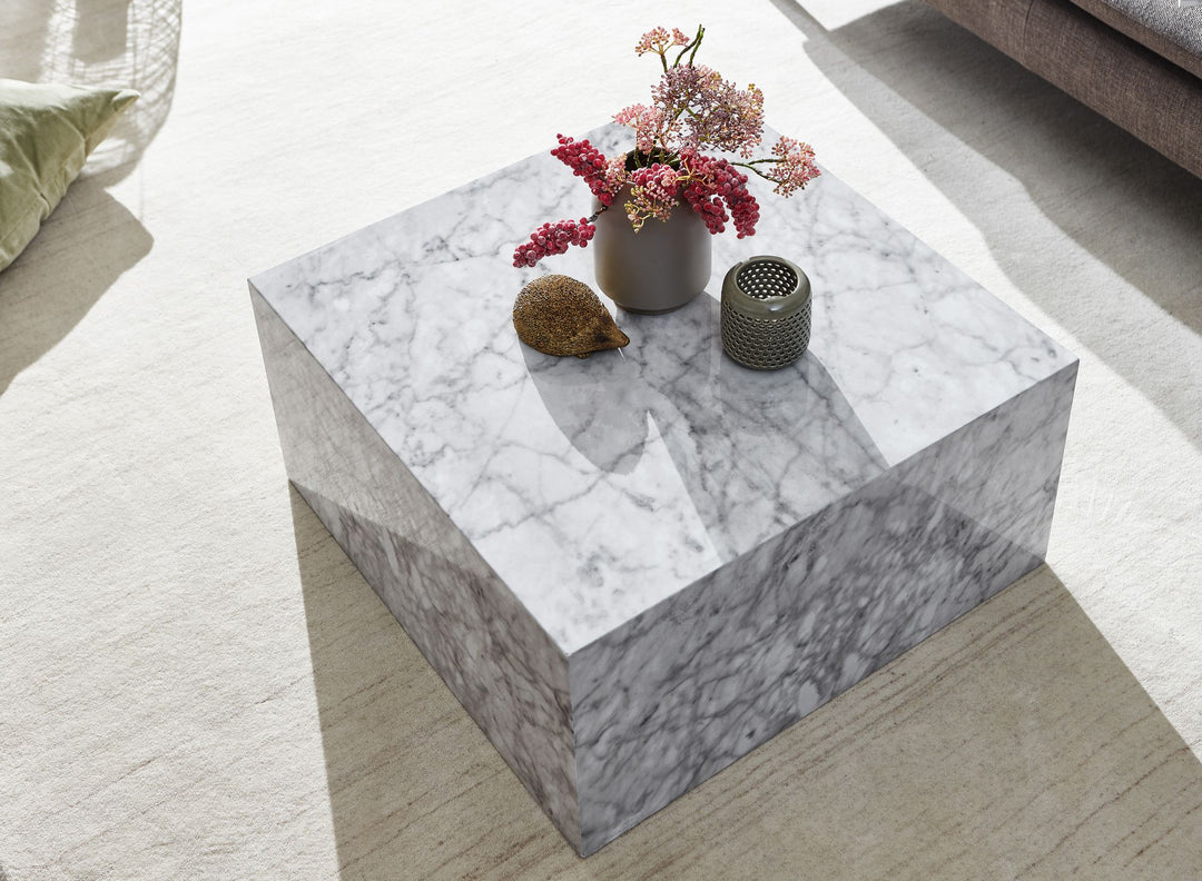 Couchtisch MONOBLOC 60x30x60 cm Hochglanz mit Marmor Optik Weiß - Design Wohnzimmertisch Cube Quadratisch - Lounge Beistelltisch Würfel Form_