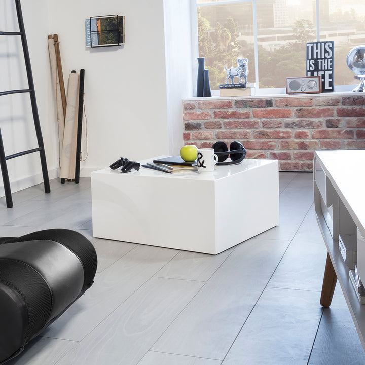 Couchtisch MONOBLOC 60x30x60 cm Hochglanz mit Marmor Optik Weiß - Design Wohnzimmertisch Cube Quadratisch - Lounge Beistelltisch Würfel Form_