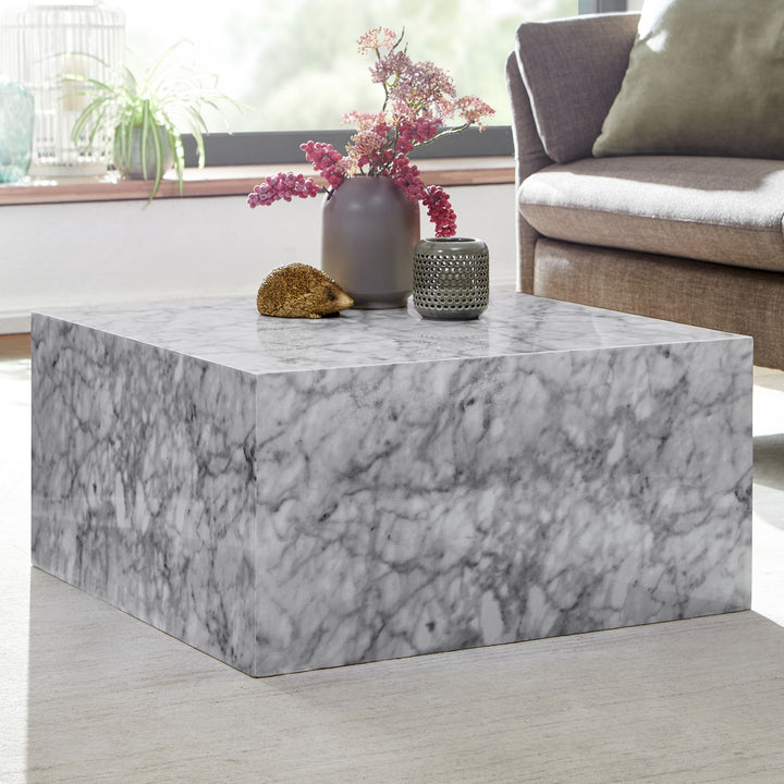 Couchtisch MONOBLOC 60x30x60 cm Hochglanz mit Marmor Optik Weiß - Design Wohnzimmertisch Cube Quadratisch - Lounge Beistelltisch Würfel Form_