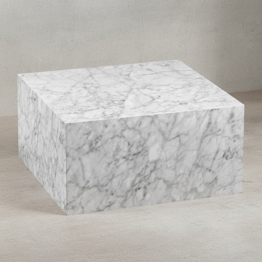 Couchtisch MONOBLOC 60x30x60 cm Hochglanz mit Marmor Optik Weiß - Design Wohnzimmertisch Cube Quadratisch - Lounge Beistelltisch Würfel Form_