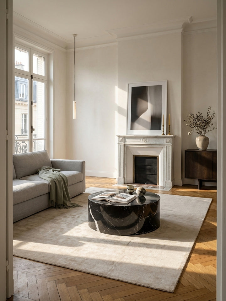 Ein runder Couchtisch in schwarzer Marmoroptik als Herzstück eines eleganten Altbau-Wohnzimmers mit Fischgrätparkett und Stuckdecke._