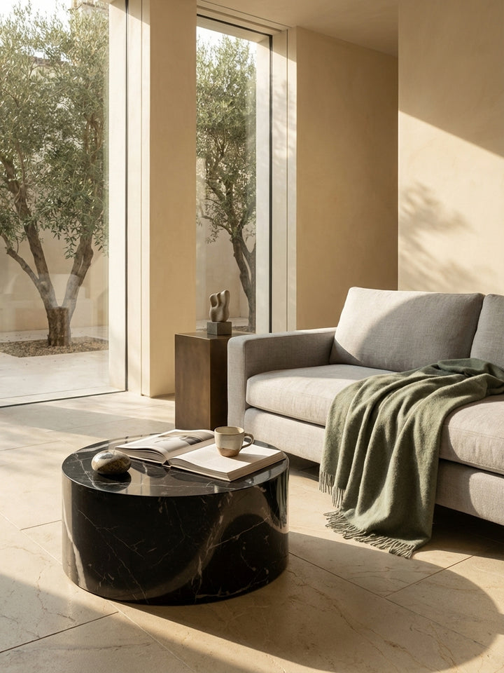 Der runde Lounge-Tisch in Marmoroptik steht harmonisch neben einem hellen Leinensofa und schafft ein modernes, wohnliches Ambiente._