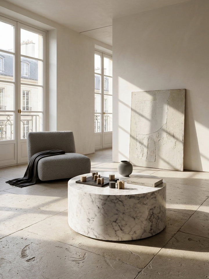 Eleganter Wohnzimmertisch aus MDF in weißer Hochglanz-Marmoroptik zentral platziert in einem minimalistischen Wohnzimmer mit großen französischen Fenstern._