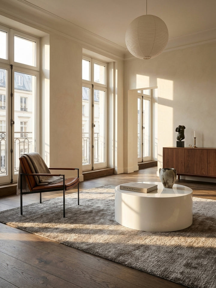 Der runde Couchtisch in Weiß Hochglanz als Mittelpunkt eines minimalistischen Wohnzimmers mit beigem Sofa und einem großen Bouclé-Teppich._
