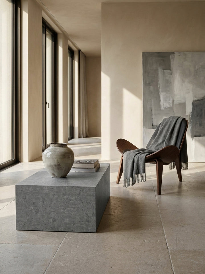 Niedriger Lounge-Tisch in aschgrauem Beton-Look arrangiert vor einem eleganten anthrazitfarbenen Modular-Sofa._