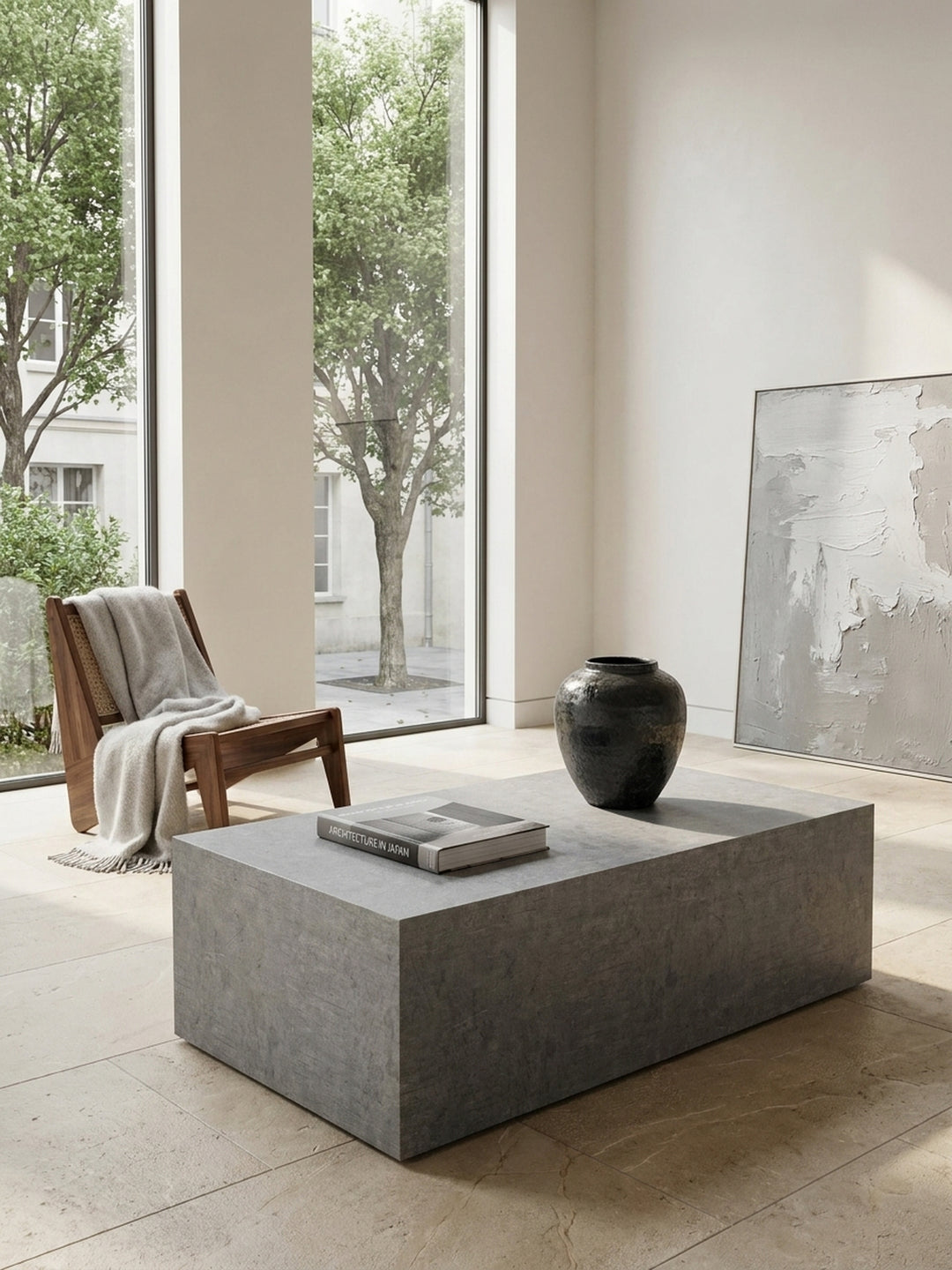 Nahaufnahme der täuschend echten grauen Beton-Optik des MDF-Couchtisches, die eine raue und industrielle Haptik vermittelt._