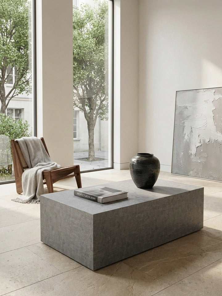 Nahaufnahme der täuschend echten grauen Beton-Optik des MDF-Couchtisches, die eine raue und industrielle Haptik vermittelt._
