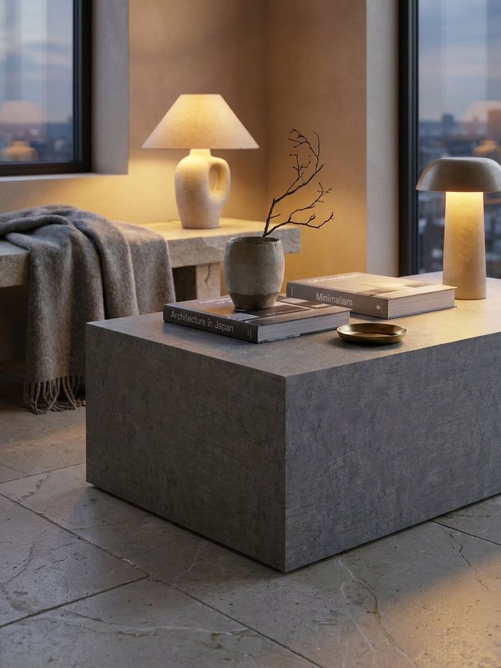 Ein flacher Sofatisch im Industrial Style dekoriert mit einem schweren Bildband und einer handgefertigten Keramikvase._