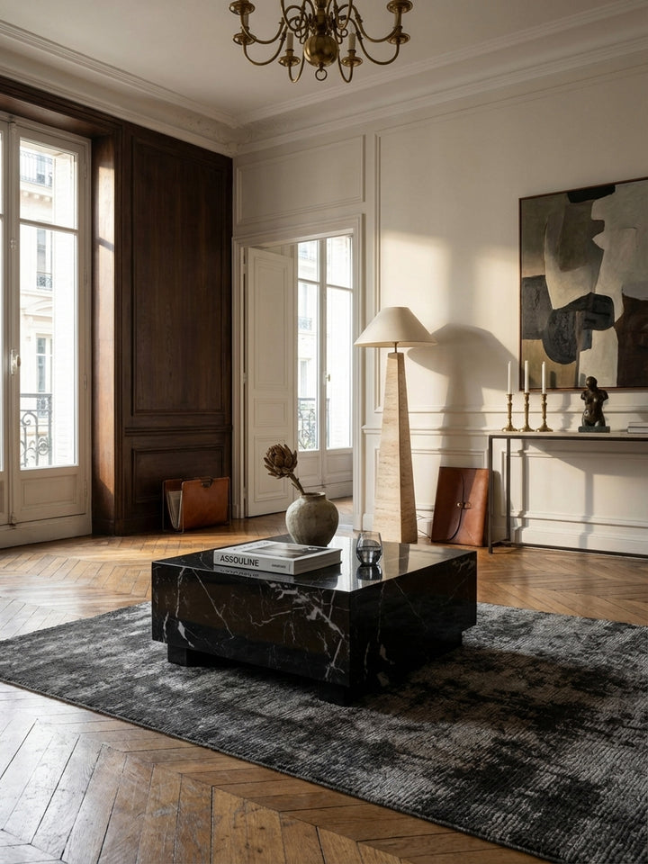 Quadratischer Couchtisch in schwarzer Marmor-Optik als Zentrum eines eleganten Altbau-Wohnzimmers mit Fischgrätparkett und Leinensofa._