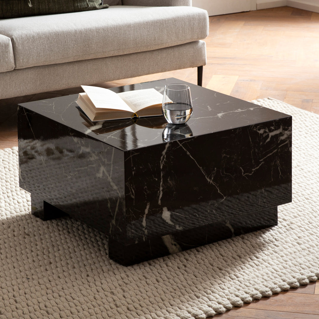 Couchtisch MONOBLOC in Hochglanz mit Marmor Optik, Quadratisch, Würfel-Form