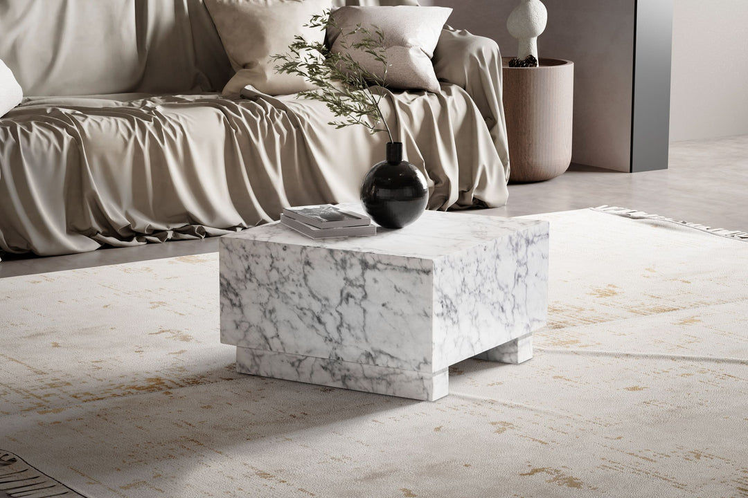 Couchtisch MONOBLOC in Hochglanz mit Marmor Optik, Quadratisch, Würfel-Form