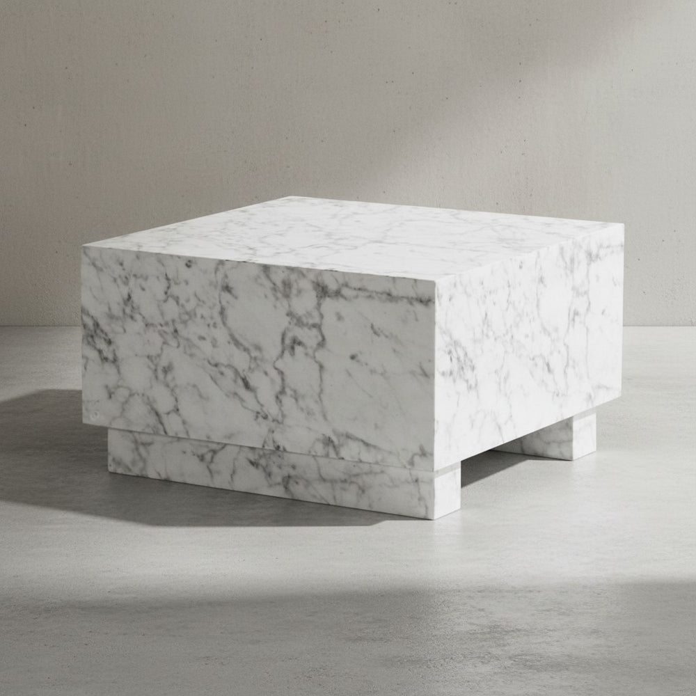 Couchtisch MONOBLOC 60x60x35 cm Hochglanz mit Marmor Optik - Wohnzimmertisch Cube Quadratisch - Design Sofatisch - Lounge Kaffeetisch Würfel-Form_