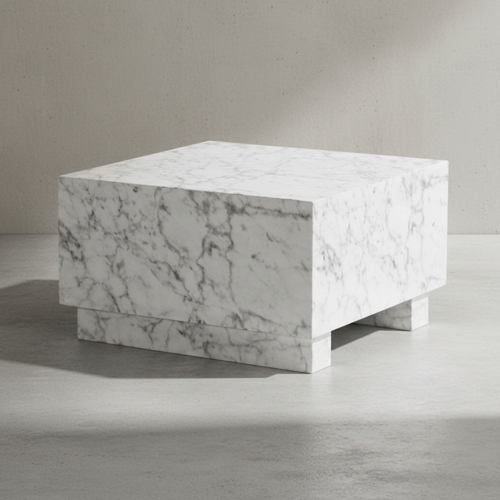 Couchtisch MONOBLOC 60x60x35 cm Hochglanz mit Marmor Optik - Wohnzimmertisch Cube Quadratisch - Design Sofatisch - Lounge Kaffeetisch Würfel-Form_