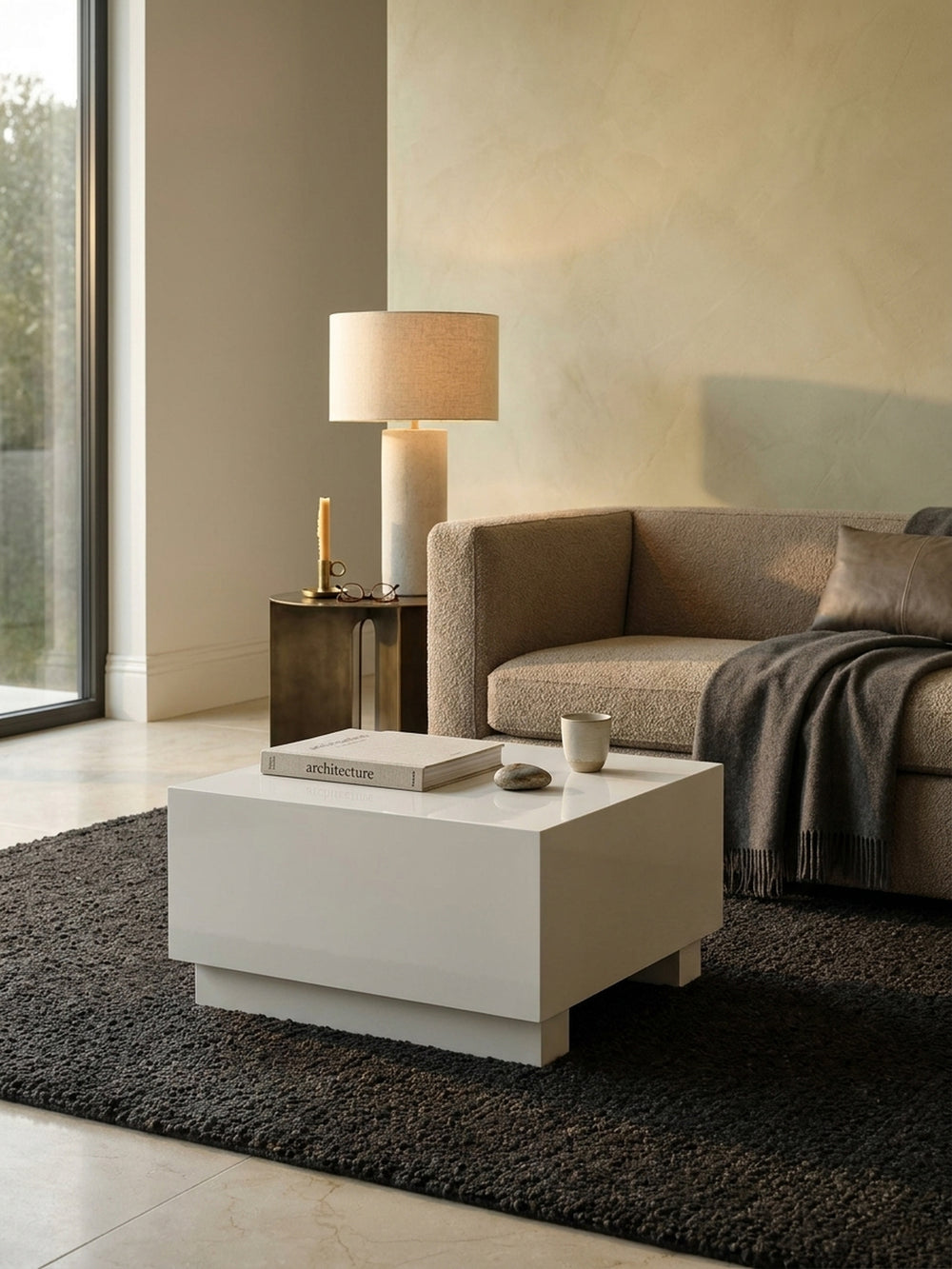 Weißer Hochglanz-Couchtisch kombiniert mit einem hellgrauen Leinensofa und einem Beistelltisch aus Eichenholz in einem hellen, eleganten Wohnzimmer._