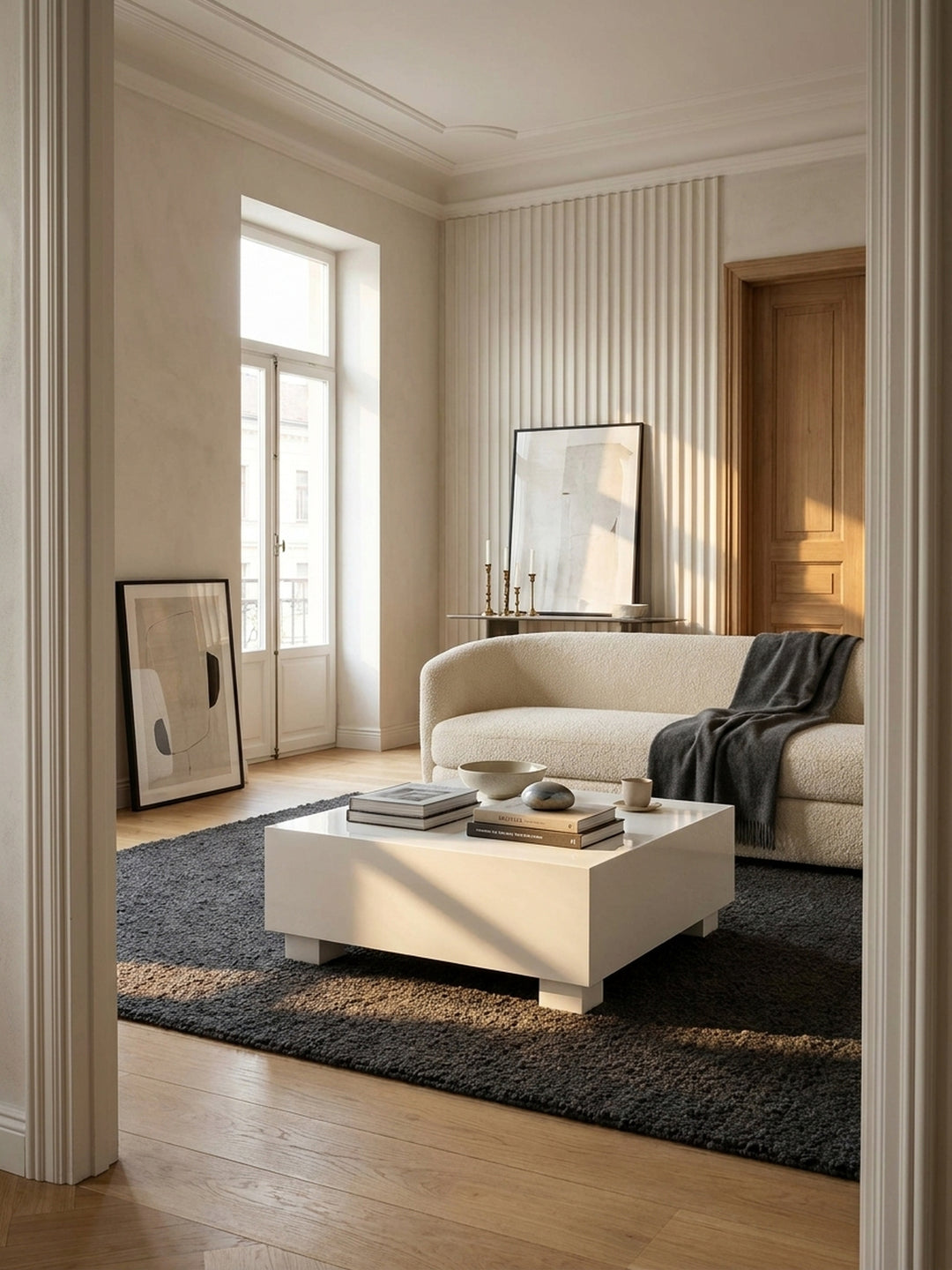 Weißer Couchtisch in Würfelform 60x60 cm im minimalistischen Wohnzimmer auf einem dunklen Bouclé-Teppich vor einem hellen Bouclé-Sofa stehend._