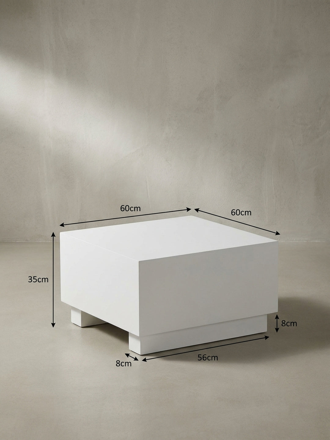 Maßskizze des quadratischen weißen Couchtisches mit Angaben L: 60cm, B: 60cm und H: 35cm für die exakte Planung im Wohnzimmer._