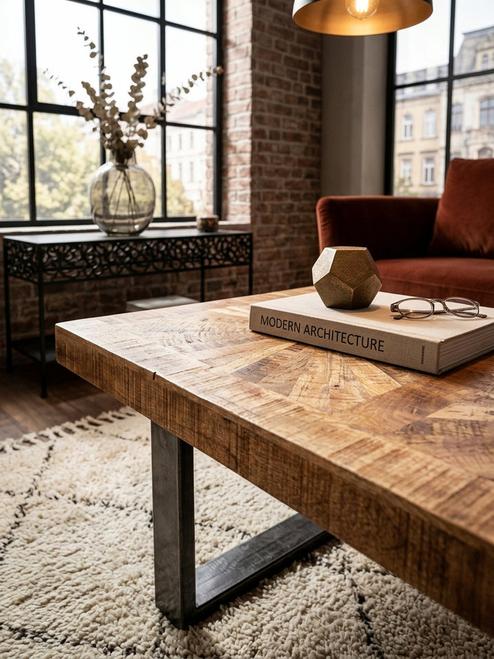Detailaufnahme der Tischplatte aus naturbelassenem Mangoholz. Das geometrische Sunburst-Muster und die feine Holzstruktur des Sofatisches zeigen die hochwertige handwerkliche Verarbeitung._