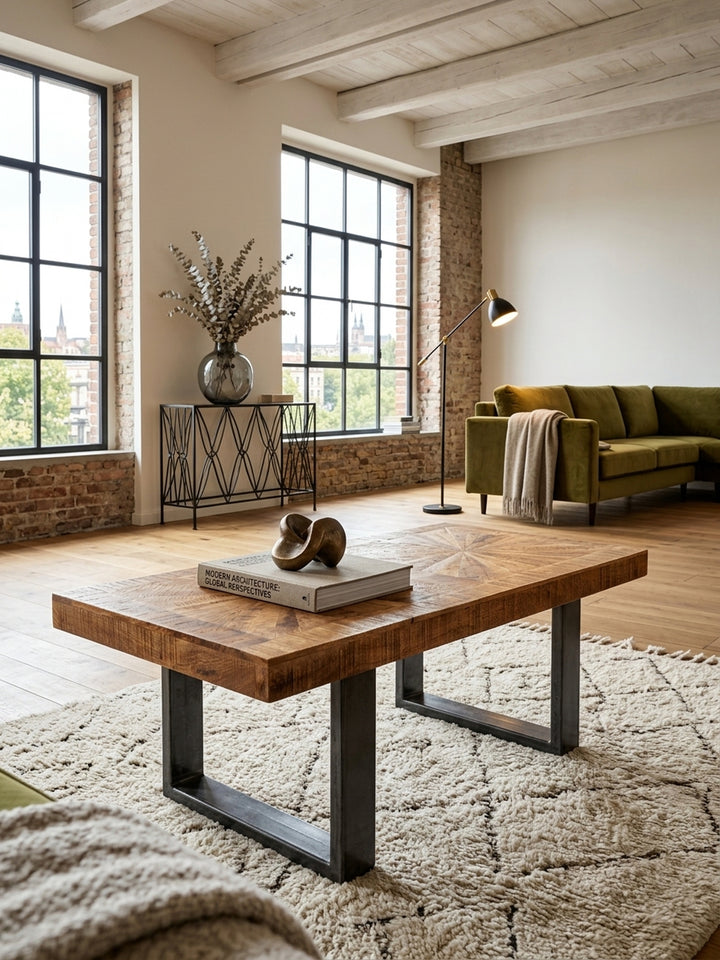 Massiver Couchtisch aus Mangoholz mit 105x55cm im modernen Industrial Design Wohnzimmer. Die warme Holzplatte mit Sonnenstrahlen-Muster kontrastiert elegant mit dem hellen Teppich._