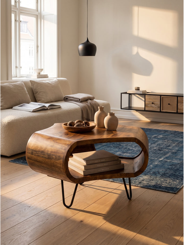 Couchtisch aus Mango Massivholz organisch geformt 60x60x39 cm im organisch modernen Wohnzimmer vor hellem Leinensessel auf beigem Wollteppich_