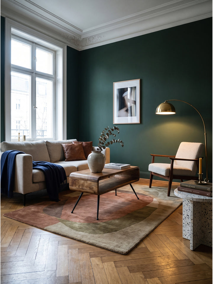 Vintage-modern Einrichtung mit Retro-Couchtisch aus Massivholz auf Eichenparkett neben skulpturaler Stehleuchte_