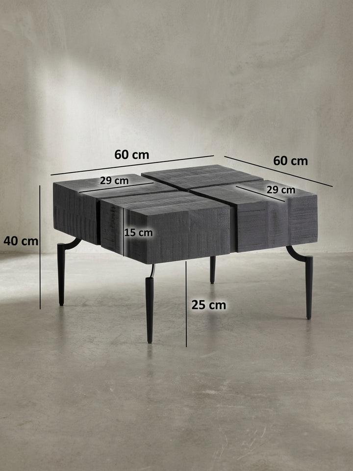 Technische Zeichnung des quadratischen Couchtischs mit exakten Maßen: 60 cm Breite, 60 cm Tiefe und 40 cm Gesamthöhe._
