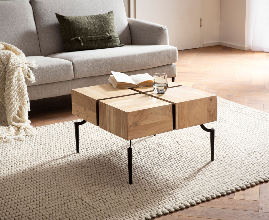 Couchtisch Massivholz Quadratisch Metallgestell Würfel-Form Modern
