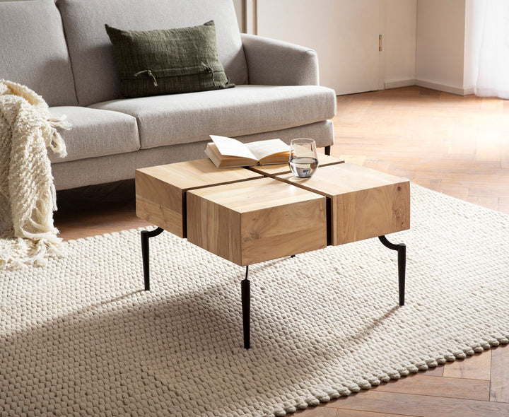 Couchtisch Massivholz Quadratisch Metallgestell Würfel-Form Modern