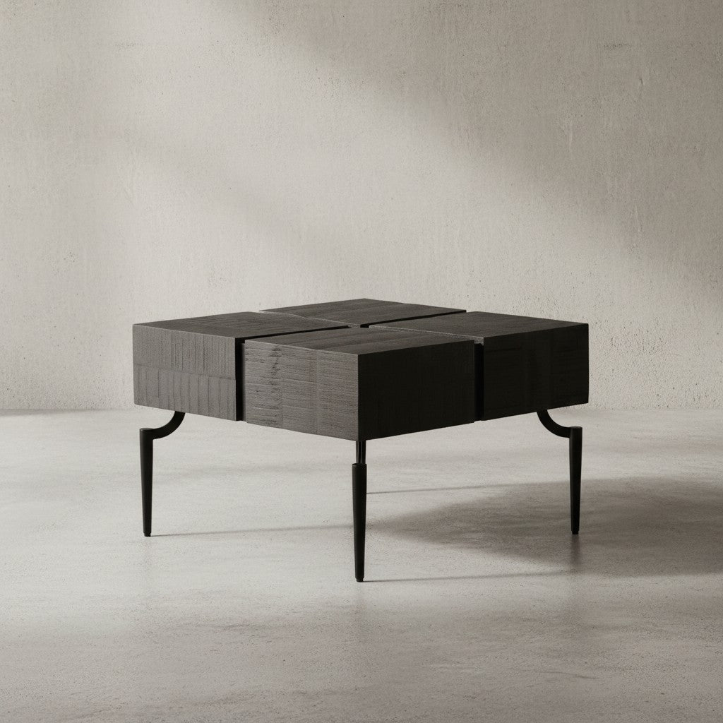 Couchtisch Massivholz 60x60x40 cm Quadratisch mit Metallgestell - Kleiner Sofatisch Würfel-Form - Wohnzimmertisch Couch Modern - Kaffeetisch Cube Braun / Schwarz_