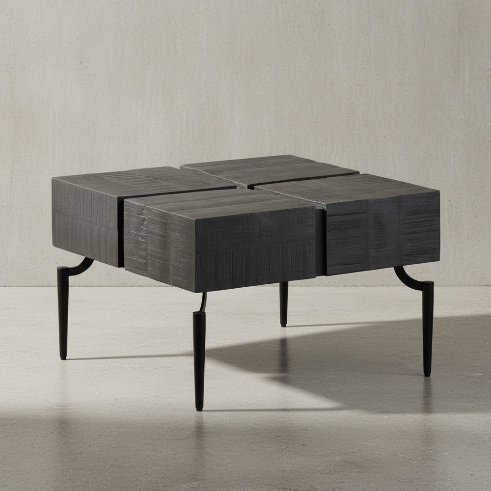 Couchtisch Massivholz 60x60x40 cm Quadratisch mit Metallgestell - Kleiner Sofatisch Würfel-Form - Wohnzimmertisch Couch Modern - Kaffeetisch Cube Braun / Schwarz_