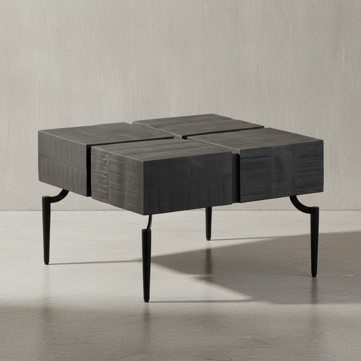 Couchtisch Massivholz 60x60x40 cm Quadratisch mit Metallgestell - Kleiner Sofatisch Würfel-Form - Wohnzimmertisch Couch Modern - Kaffeetisch Cube Braun / Schwarz_