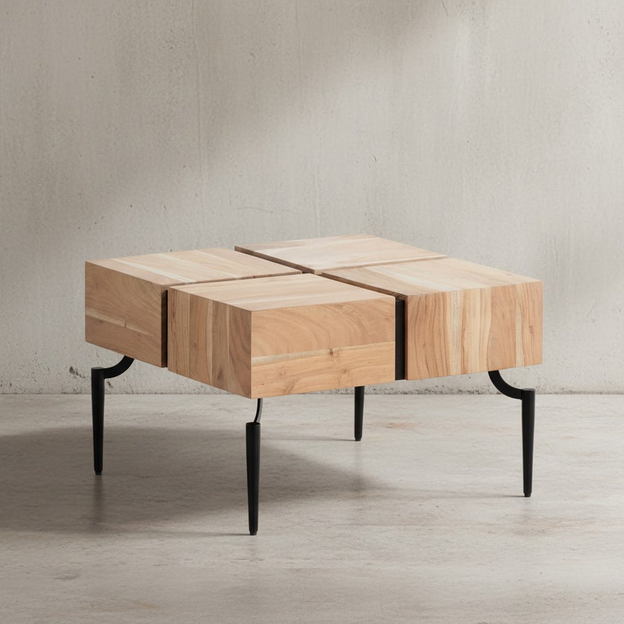 Couchtisch Massivholz 60x60x40 cm Quadratisch mit Metallgestell - Kleiner Sofatisch Würfel-Form - Wohnzimmertisch Couch Modern - Kaffeetisch Cube Braun / Schwarz_