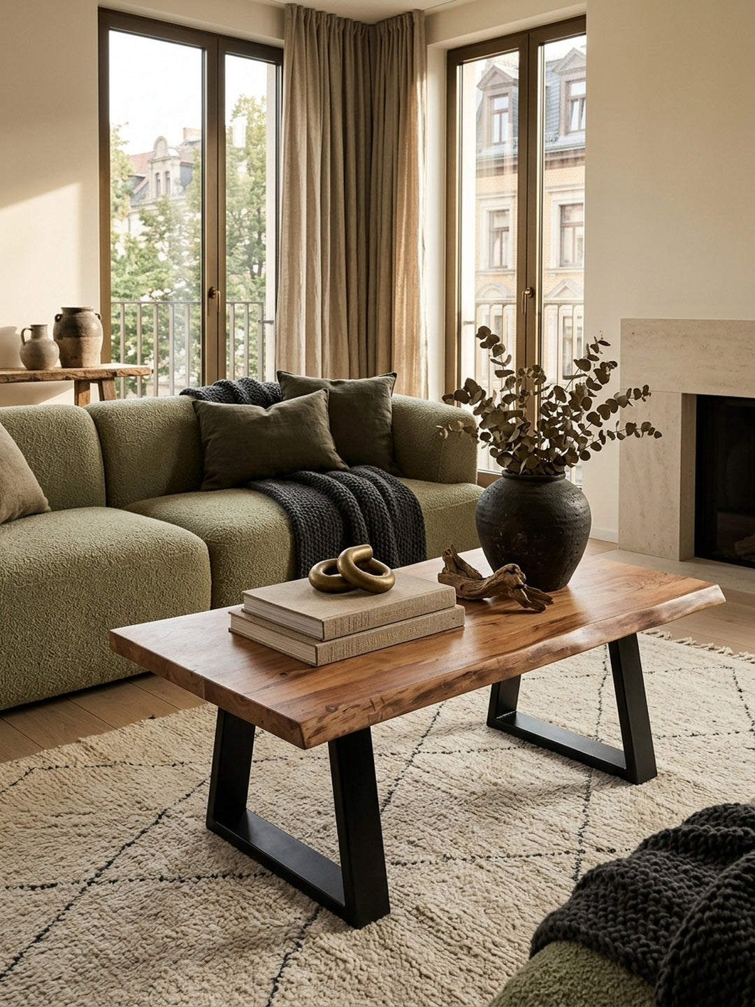 Couchtisch Akazie Massivholz schwarz 60x115x40 cm in stilvoller Wohnzimmer-Einrichtung mit Dekoration und Accessoires aus der Vogelperspektive_