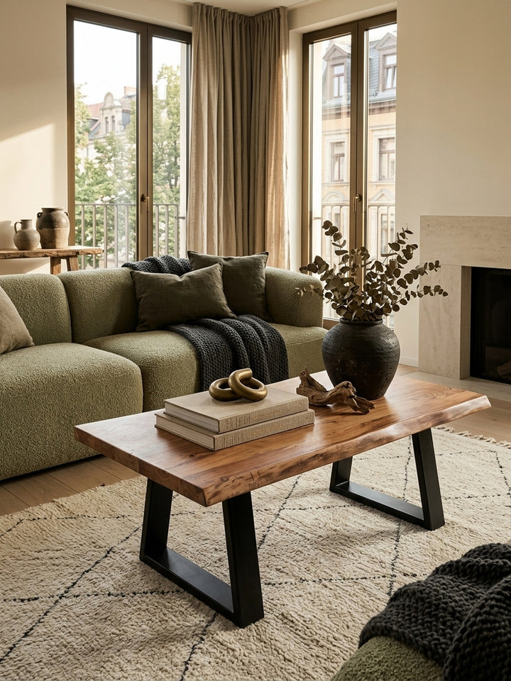 Couchtisch Akazie Massivholz schwarz 60x115x40 cm in stilvoller Wohnzimmer-Einrichtung mit Dekoration und Accessoires aus der Vogelperspektive_