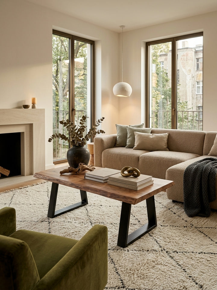 Couchtisch aus honigfarbenem Akazie-Massivholz in warmem modernem Wohnzimmer mit Teppich und stimmungsvoller Beleuchtung 60x115x40 cm_