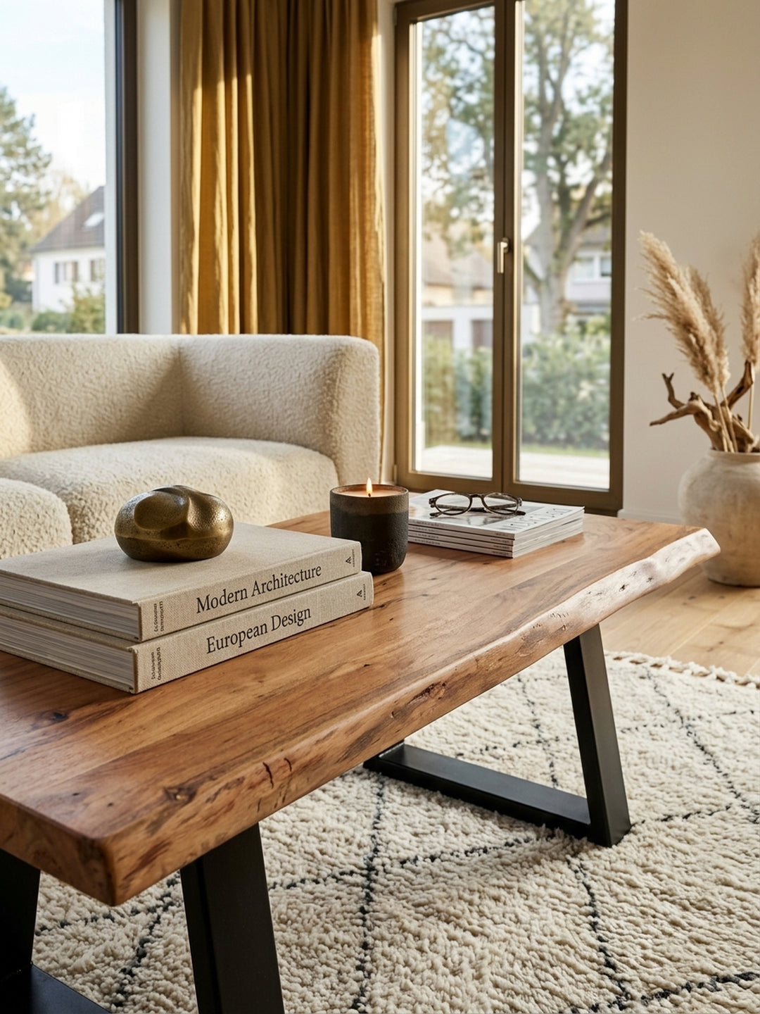 Nahaufnahme honigfarbene Akazie-Maserung mit natürlicher Farbvariation und sichtbarer Holzstruktur am Couchtisch in natürlichem Seitenlicht_