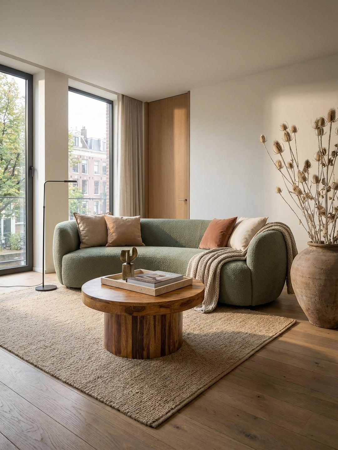 Der runde Couchtisch aus massivem Sheesham-Holz (60x30 cm) steht im Zentrum eines luxuriösen Wohnzimmers und verleiht dem Raum eine warme, natürliche Atmosphäre._