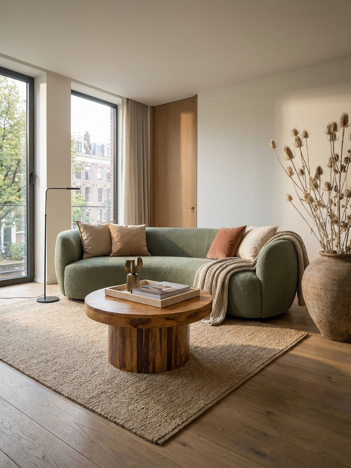 Der runde Couchtisch aus massivem Sheesham-Holz (60x30 cm) steht im Zentrum eines luxuriösen Wohnzimmers und verleiht dem Raum eine warme, natürliche Atmosphäre._