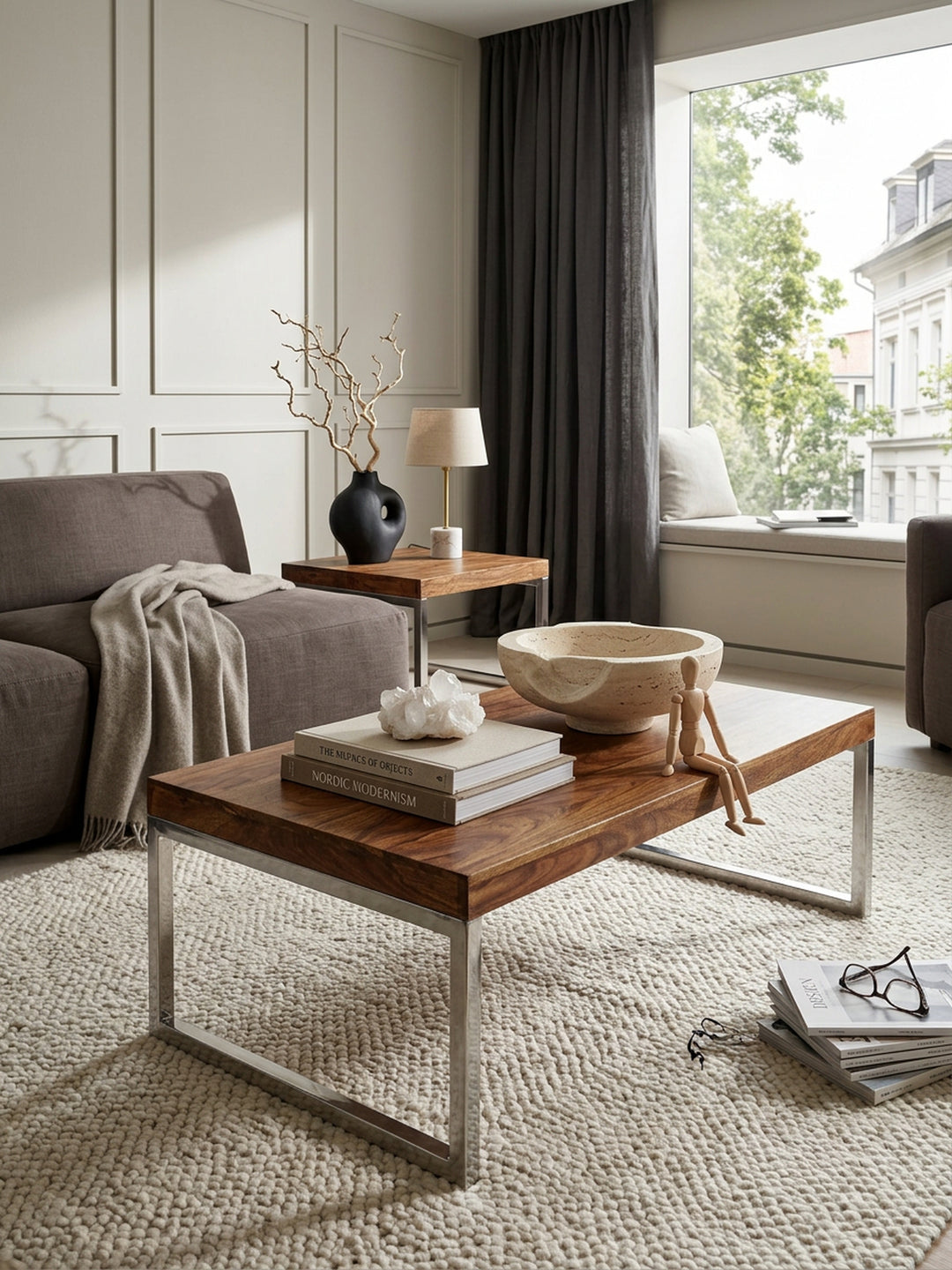 Couchtisch ISEN_ Massivholz_ Chromfüße_ 120x40x60 cm_ handgefertigt_ Sheesham/Akazie - KADIMA DESIGN_Farbe_ Braun_ Größe_ 120x60x40 cm_