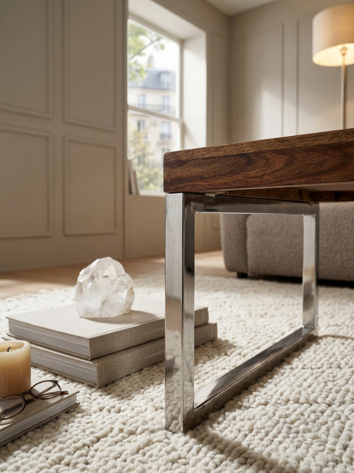 Couchtisch ISEN_ Massivholz_ Chromfüße_ 120x40x60 cm_ handgefertigt_ Sheesham/Akazie - KADIMA DESIGN_Farbe_ Braun_ Größe_ 120x60x40 cm_