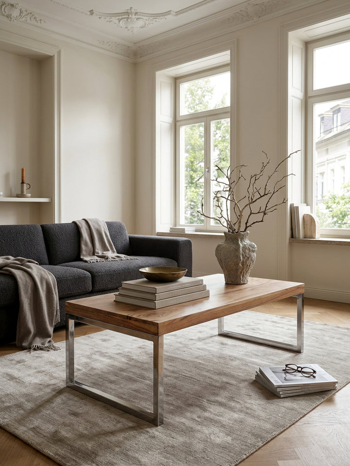Couchtisch ISEN_ Massivholz_ Chromfüße_ 120x40x60 cm_ handgefertigt_ Sheesham/Akazie - KADIMA DESIGN_Farbe_ Beige_ Größe_ 120x60x40 cm_