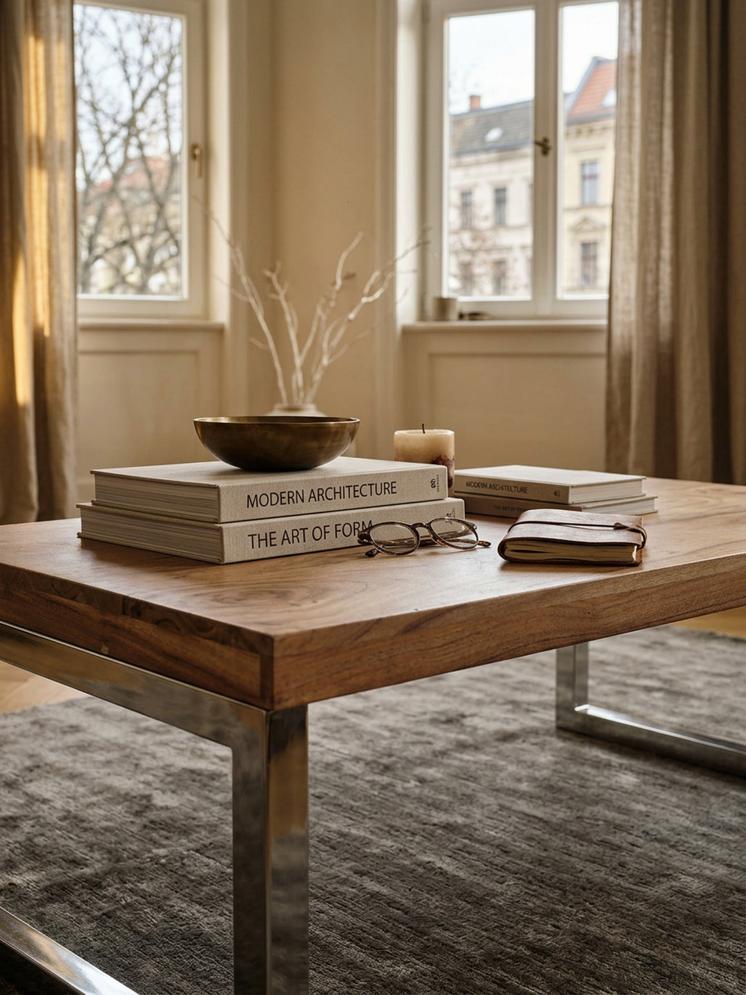 Couchtisch ISEN_ Massivholz_ Chromfüße_ 120x40x60 cm_ handgefertigt_ Sheesham/Akazie - KADIMA DESIGN_Farbe_ Beige_ Größe_ 120x60x40 cm_