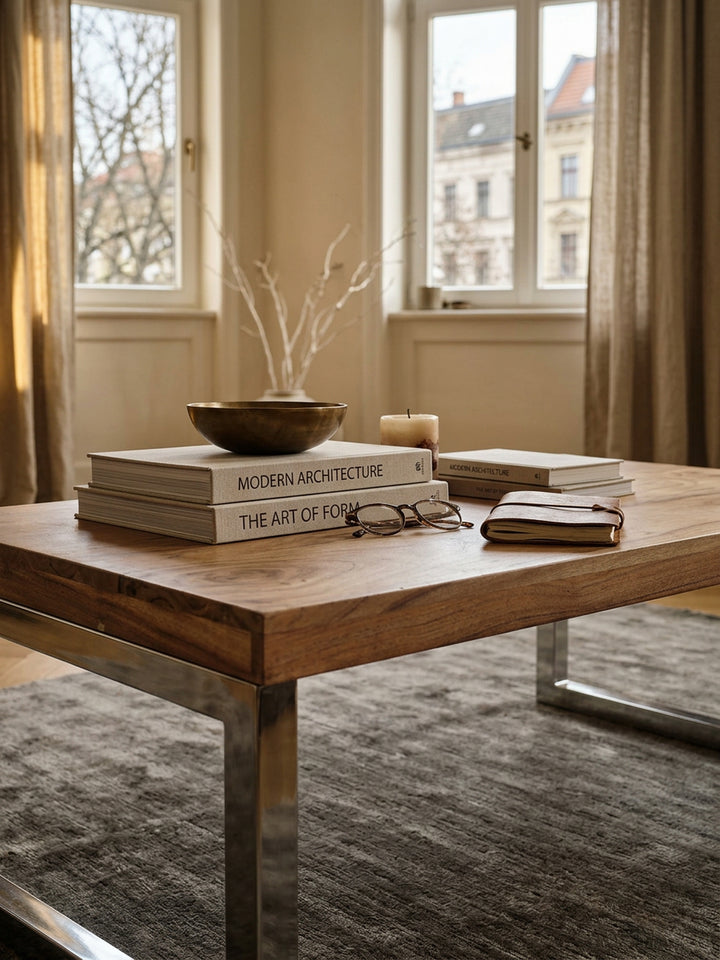 Couchtisch ISEN_ Massivholz_ Chromfüße_ 120x40x60 cm_ handgefertigt_ Sheesham/Akazie - KADIMA DESIGN_Farbe_ Beige_ Größe_ 120x60x40 cm_