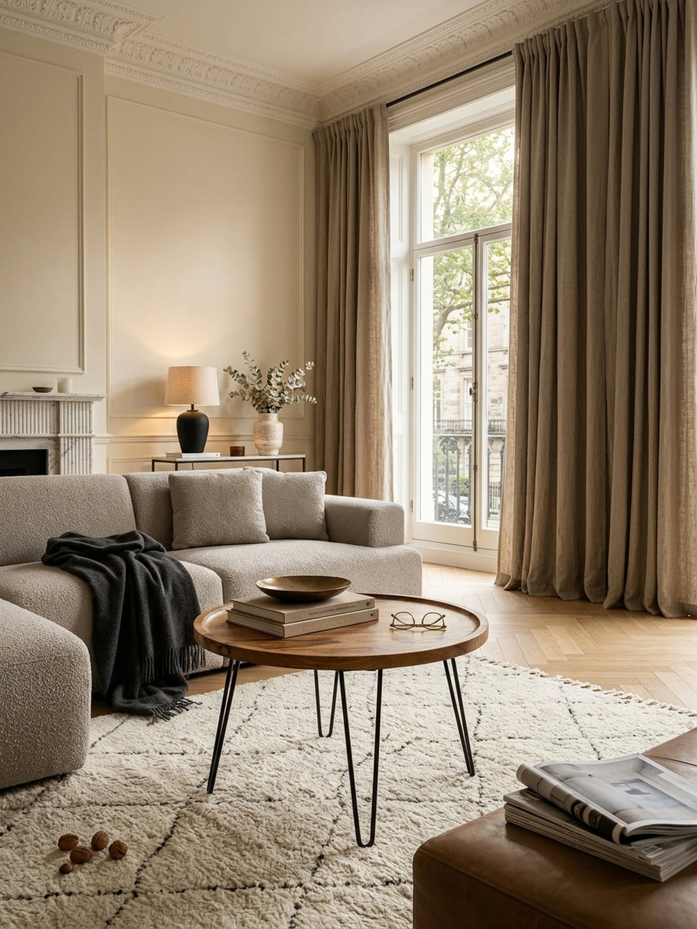 Ansicht von oben auf den runden Kaffeetisch aus Holz. Die 60 cm breite Tischplatte mit Tablett-Rand bietet Platz für Deko und Getränke, ideal arrangiert vor dem Sofa._