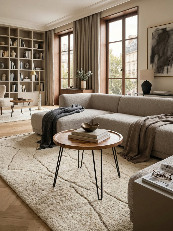Runder Couchtisch aus Sheesham Massivholz im modernen Wohnzimmer. Der warme Holzton und die schwarzen Hairpin Legs bilden einen stilvollen Kontrast auf dem hellen Teppich._