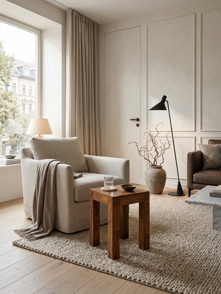 Massivholz-Tisch NAKO_ Handgefertigt_ 45x40x45 cm_ Sheeshamholz_ 50kg Belastbarkeit - KADIMA DESIGN_Farbe_ Braun_ Größe_ 35x35x45 cm_