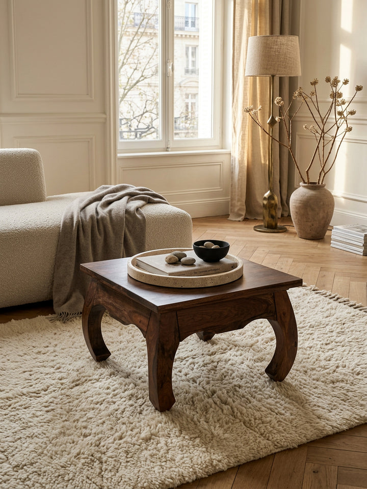 Sheesham Couchtisch Kanada im Landhausstil_ 60x60 cm_ handgefertigt_ elegante Opium-Form_ pflegeleicht und robust - KADIMA DESIGN_Größe_ 60x60x40 cm_